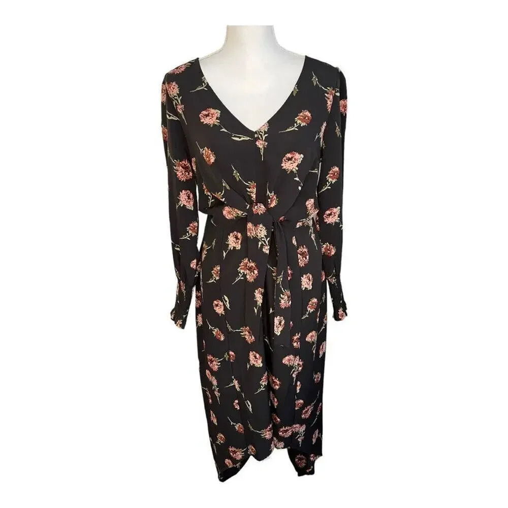 NEW Sandy & Sid Black Floral Long Sleeve Midi Dress Size S V-Neck Tie Waist NWT
